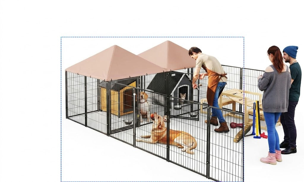 Large Outdoor Pet Enclosure With Two Rooms And 4 Bowls