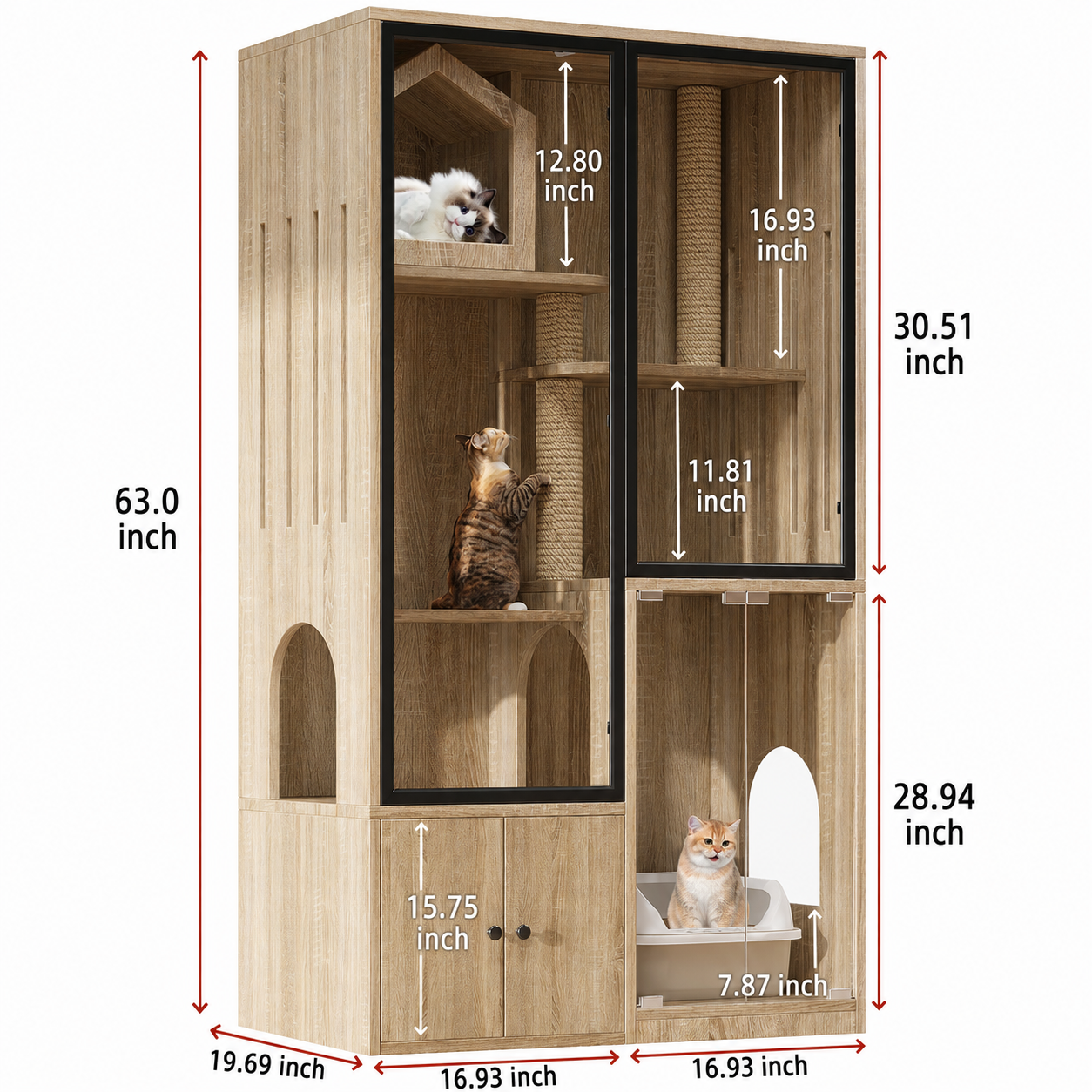 Four Story Wood Colored Cat House With Glass Doors and Scratching Post