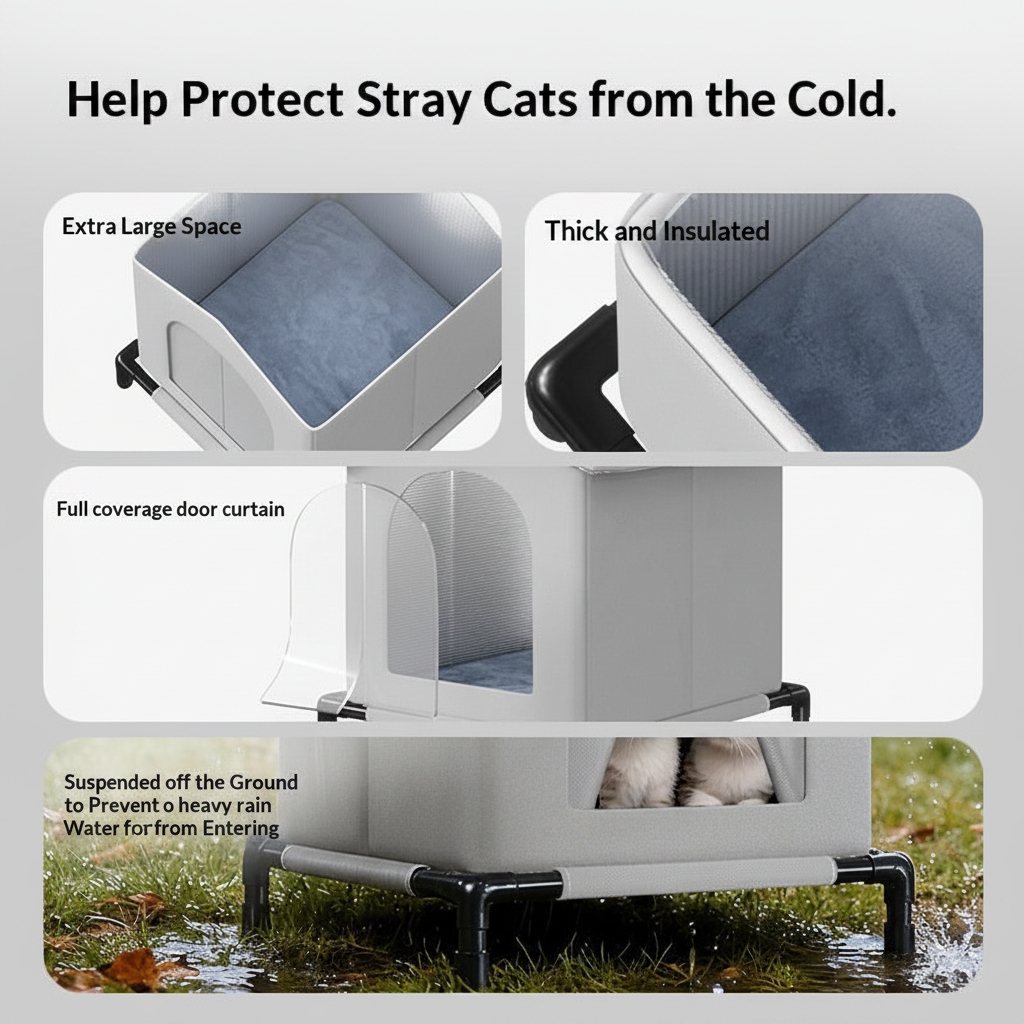 Outdoor cat house infographic with text: Help Protect Stray Cats from the Cold, Extra Large Space, Thick and Insulated, Full coverage door curtain, Elevated off the Ground to Prevent Water from Entering