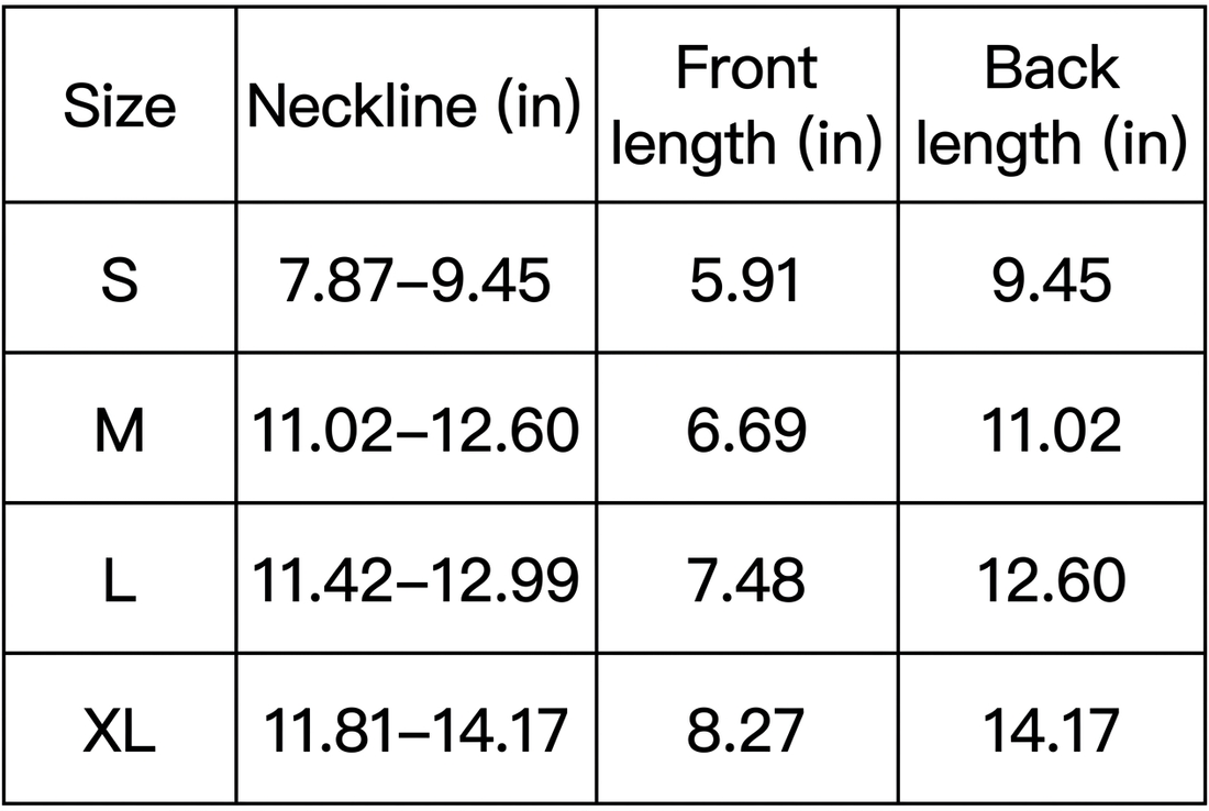 Size chart converted to inches