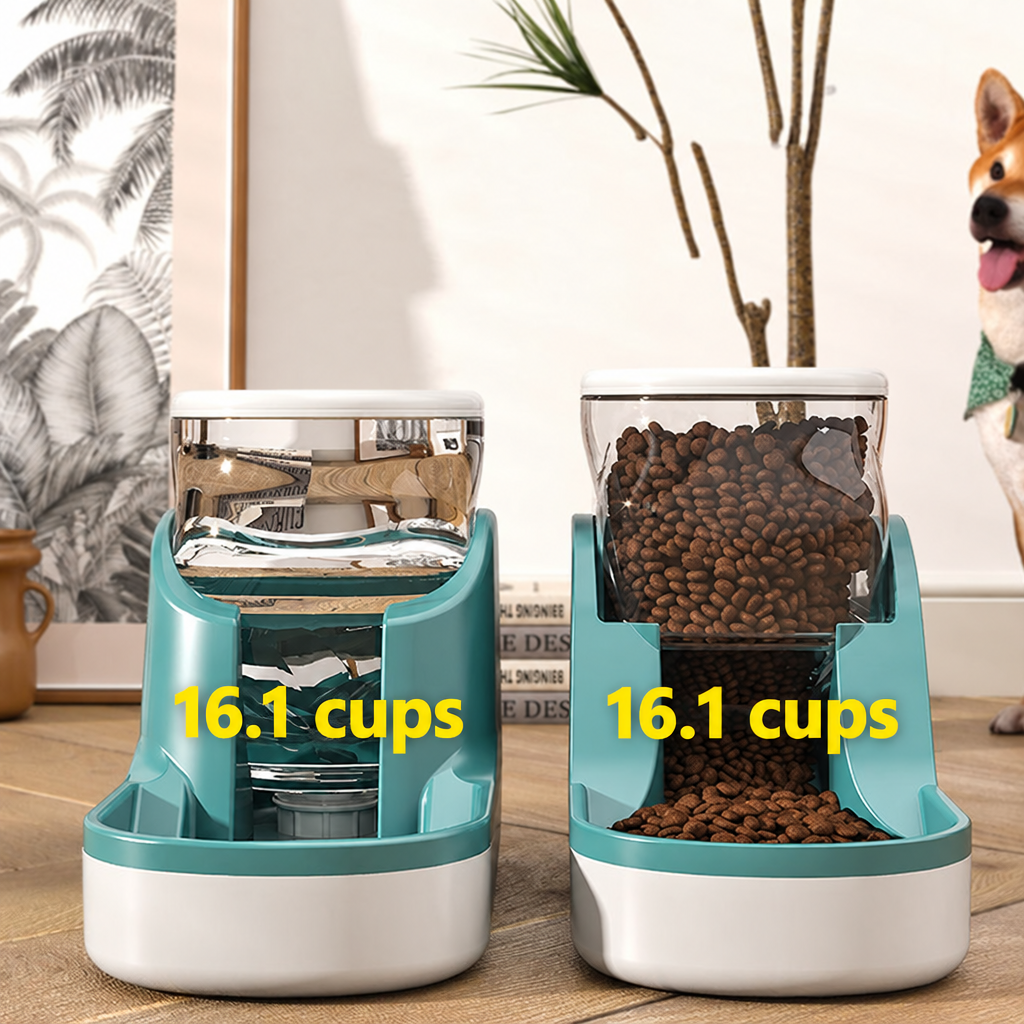 Two pet dispensers labeled in cups