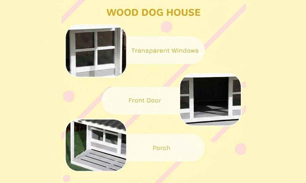 Wood Dog House With Porch, Windows and Slanted Roof